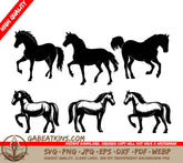 Silhouettes Of Horses In Different Poses On A White Background SVG - a black and white drawing of horses and horses SVG