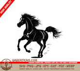 A Horse Running SVG - a black and white image of a horse with a black tail SVG