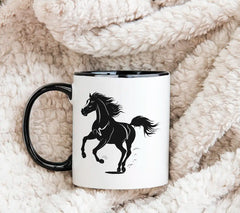 A Black And White Image Of A Horse With A Black Tail