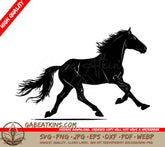 A Silhouette Of A Horse Running On A White Background SVG - a black horse with a black tail and the word quot a quot on it quot SVG