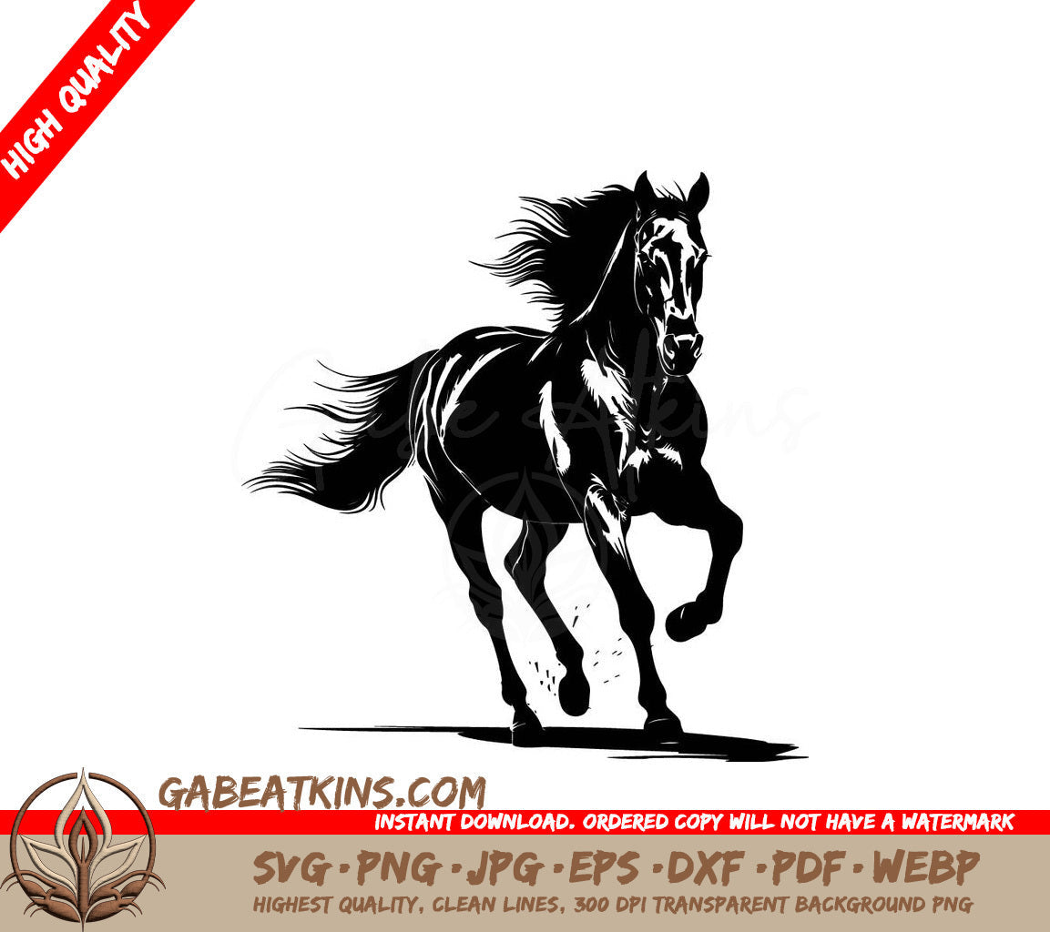A Horse Running SVG - a black horse with a white background and a black horse in the foreground SVG