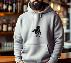 A Black Horse With A White Background And A Black Horse In The Foreground