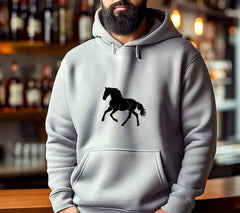 A Black Horse With A White Background And The Image Of A Horse