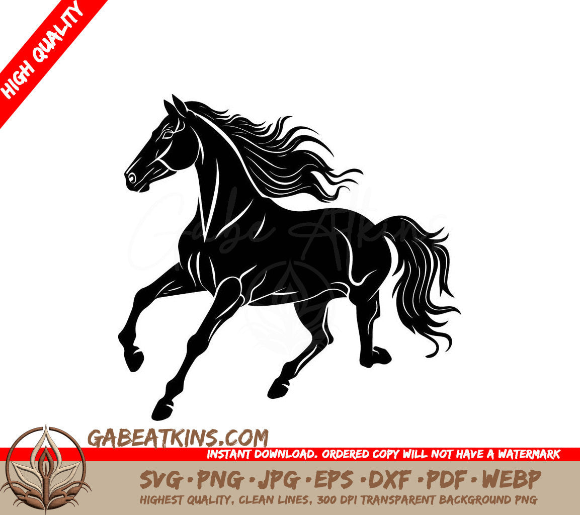 A Black Horse With A Long Mane Is Running On A White Background SVG - a black horse with a white background with a black horse on it SVG