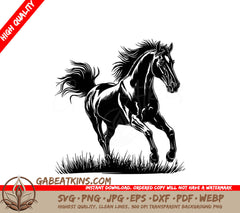 A Horse Running In The Grass SVG - a drawing of a horse with a horse on it SVG