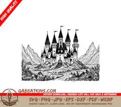Castle with Mountains SVG - Detailed Coloring Page SVG