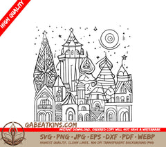 Cityscape with Castle SVG - Architecture Coloring Book for Kids SVG