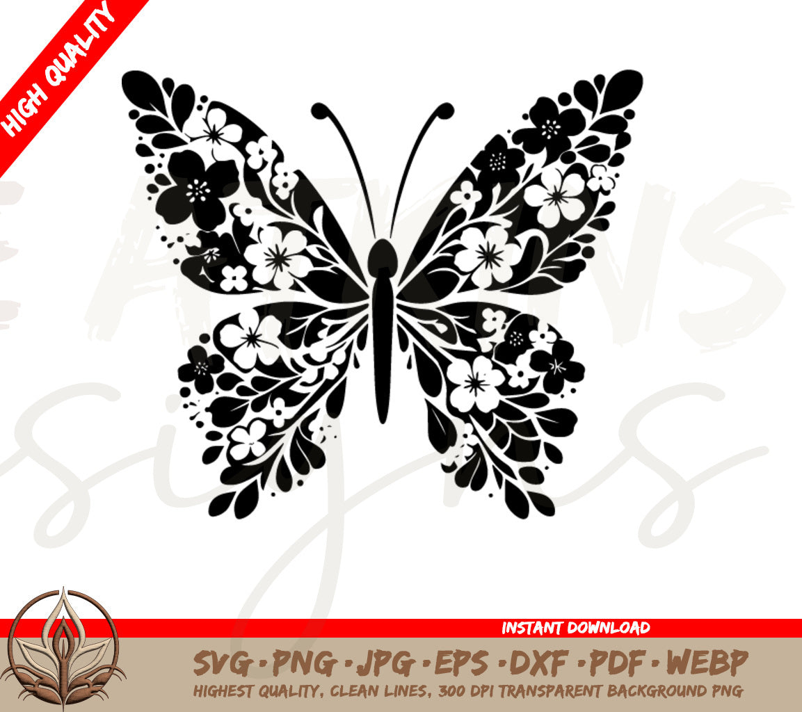 Butterfly SVG: Blooming Spring - Floral Winged Butterfly Drawing SVG
