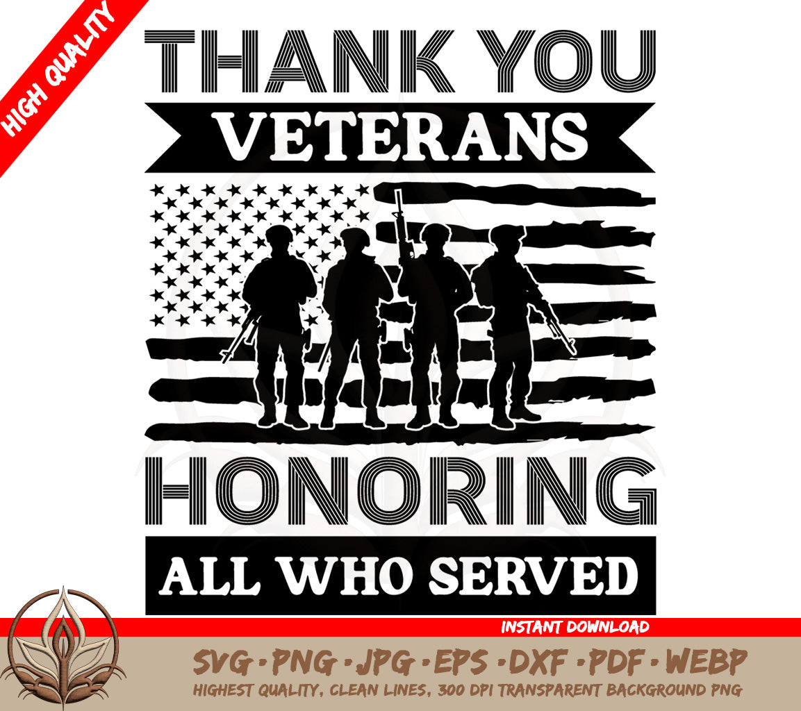 Thank You Veterans SVG Graphic | Silhouettes of Soldiers and American | Veterans SVG Graphic