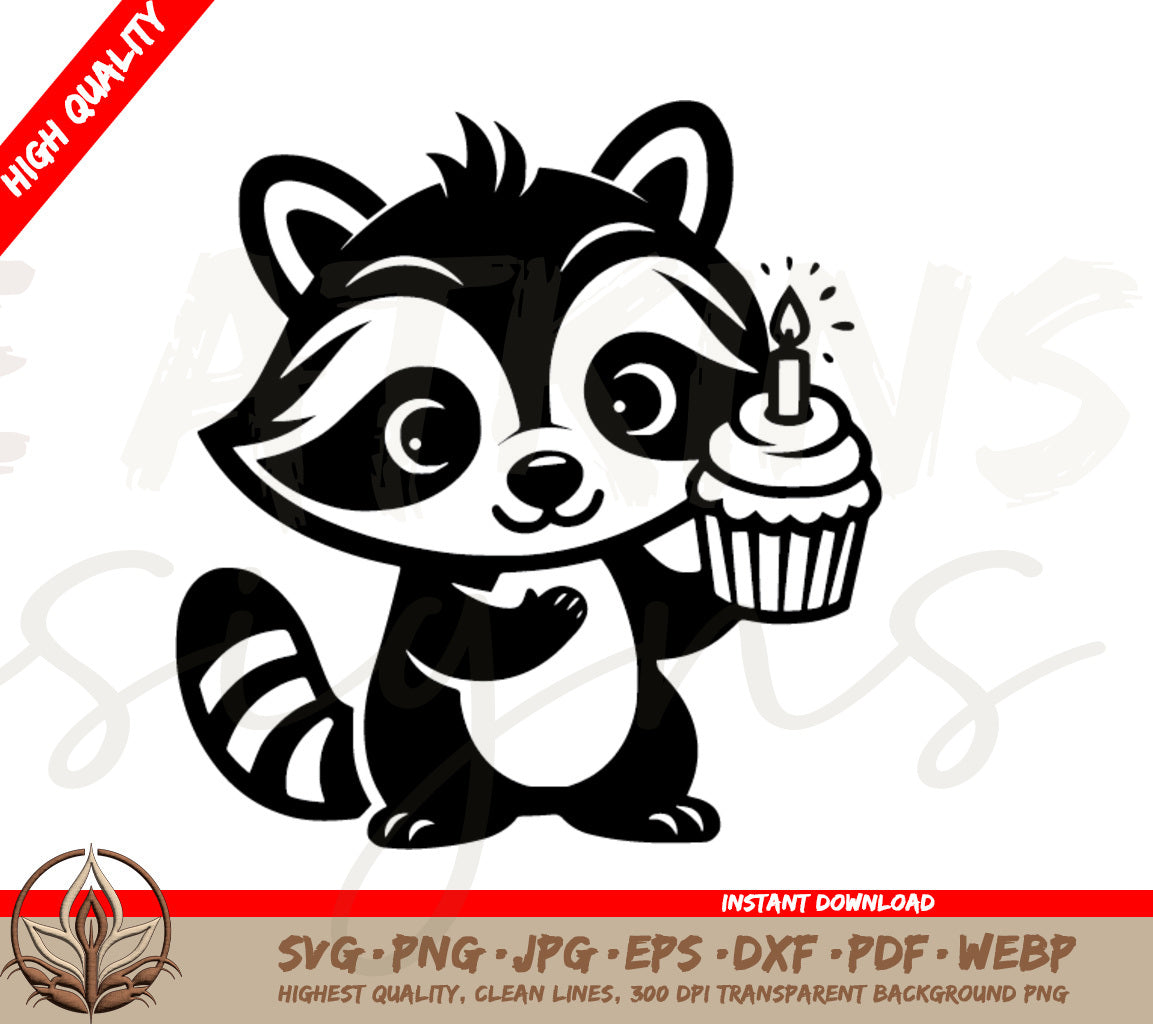 Raccoon Birthday SVG - Adorable Raccoon Holding Cupcake Illustration