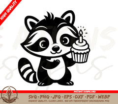 Raccoon Birthday SVG - Adorable Raccoon Holding Cupcake Illustration