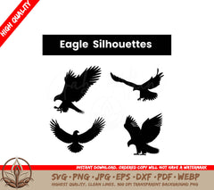 A Set Of Four Eagle Silhouettes On A White Background