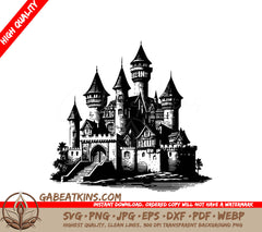 Castle SVG - Ancient Stone Castle Engraving Drawing SVG