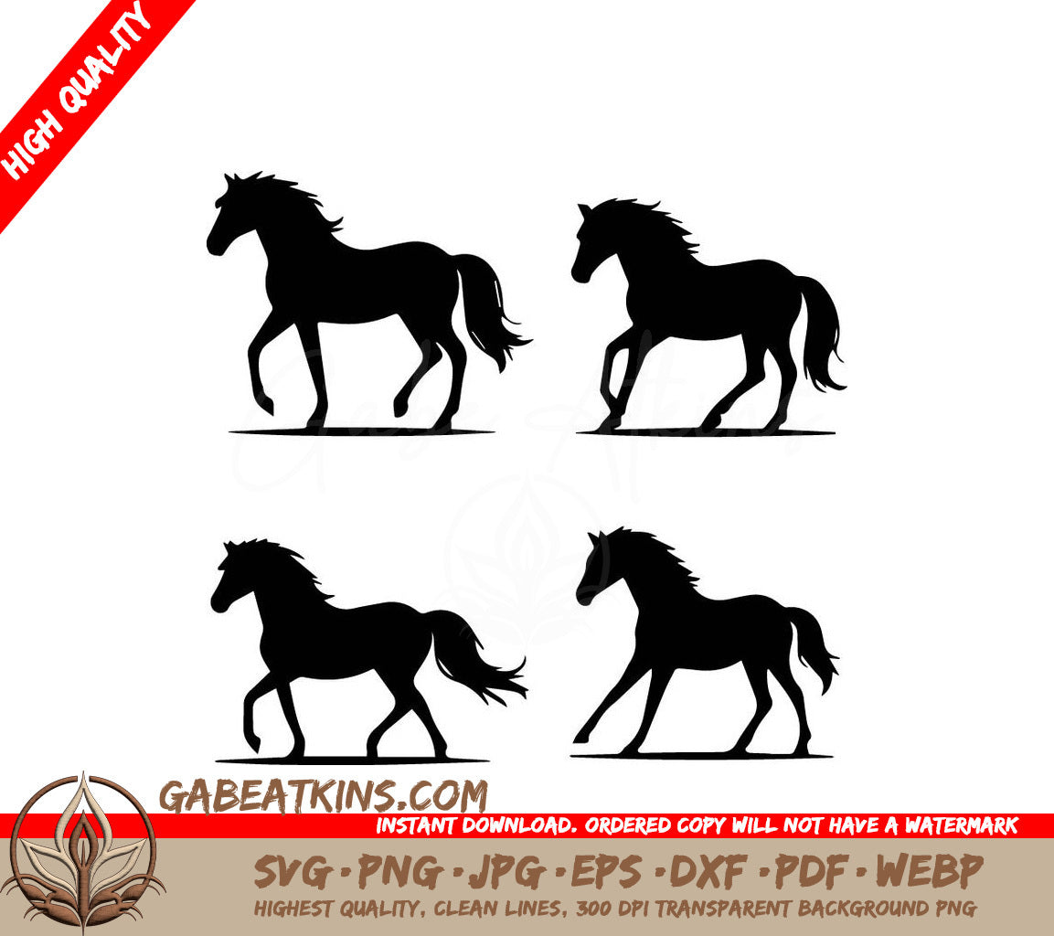 A Set Of Four Silhouettes Of Horses On A White Background SVG - four images of horses black silhouette design logo SVG