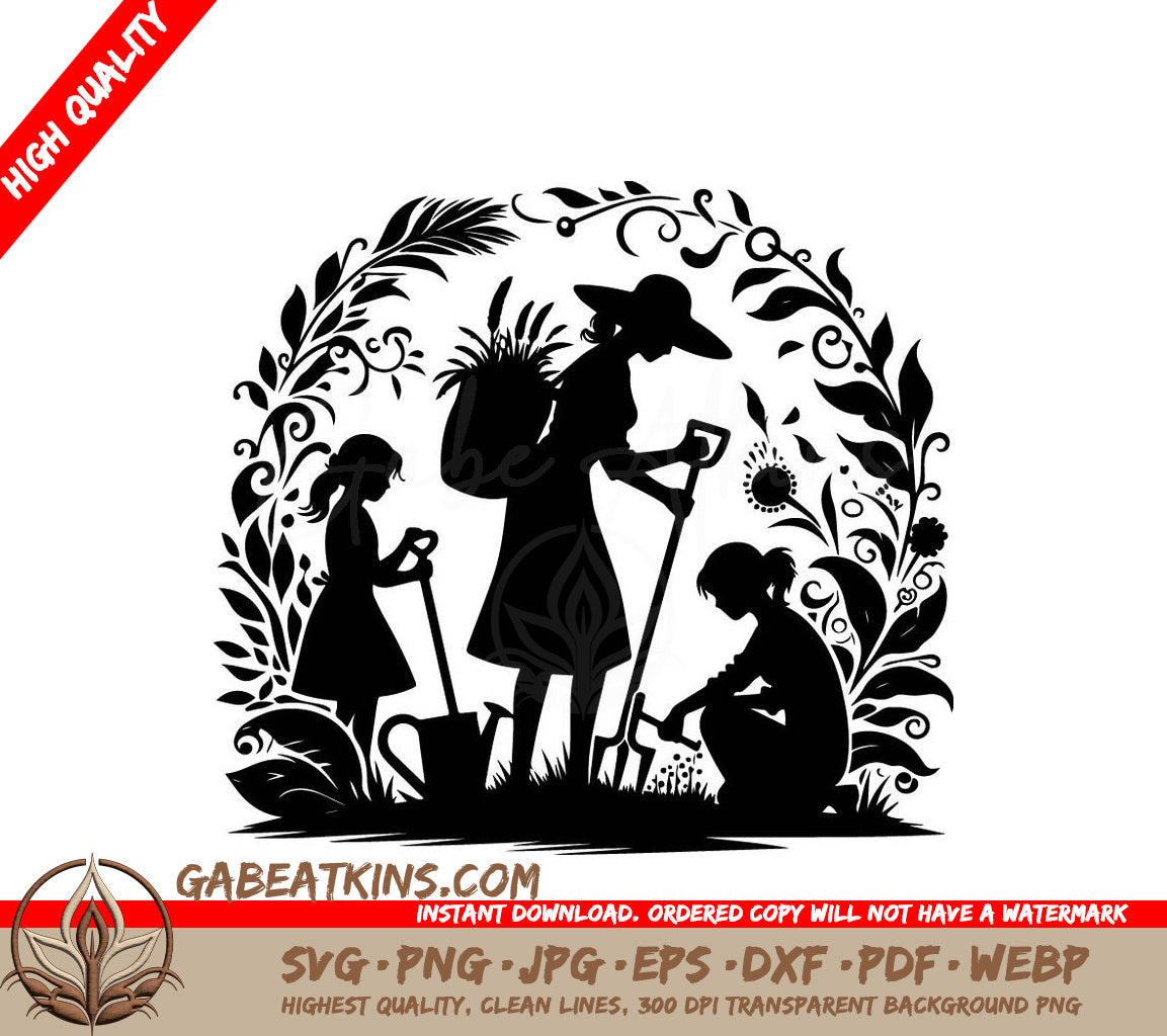 ##  Garden Family Silhouette SVG - Black Woman & Girls Gardening SVG