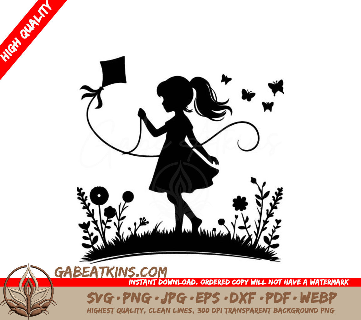 Little Girl Flying Kite in Flower Field - Silhouette SVG SVG