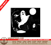 Halloween Ghost Flying Over Cemetery SVG - Drawing SVG