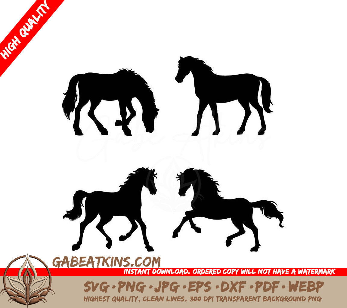 Four Silhouettes Of Horses In Different Poses On A White Background SVG - hand drawn horse silhouette SVG
