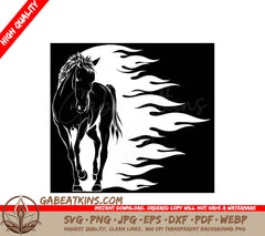 A Horse With Flames Behind It SVG - illustration of horse in outline design SVG