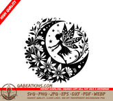 Floral Crescent Moon Fairy SVG - Little Girl with Wings SVG
