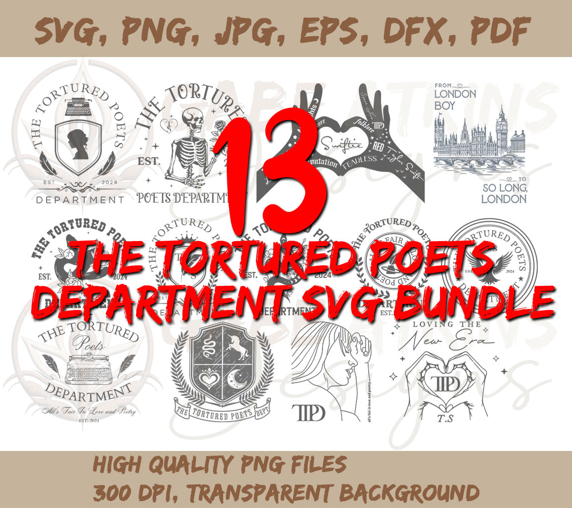 The Tortured Poets Department SVG Bundle | 13 TTPD SVG Bundle Designs | SVG, PNG JPG, EPS, DXF, PDF File Formats Included