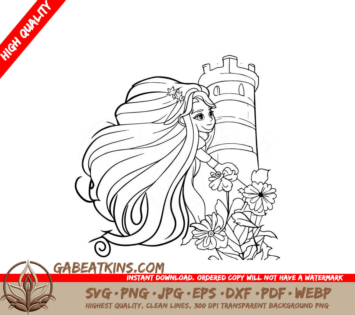 Rapunzel Tower Coloring Page SVG - Girl Line Art SVG