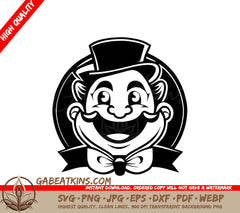 Retro Cartoon Mascot Joyful Man in Top Hat & Bow Tie SVG SVG