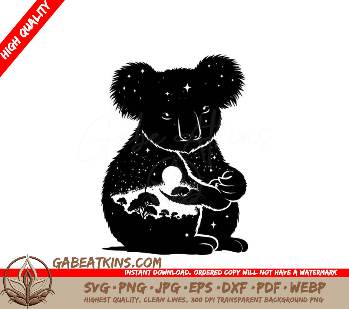 Koala Silhouette with Night Sky and Tree - SVG SVG