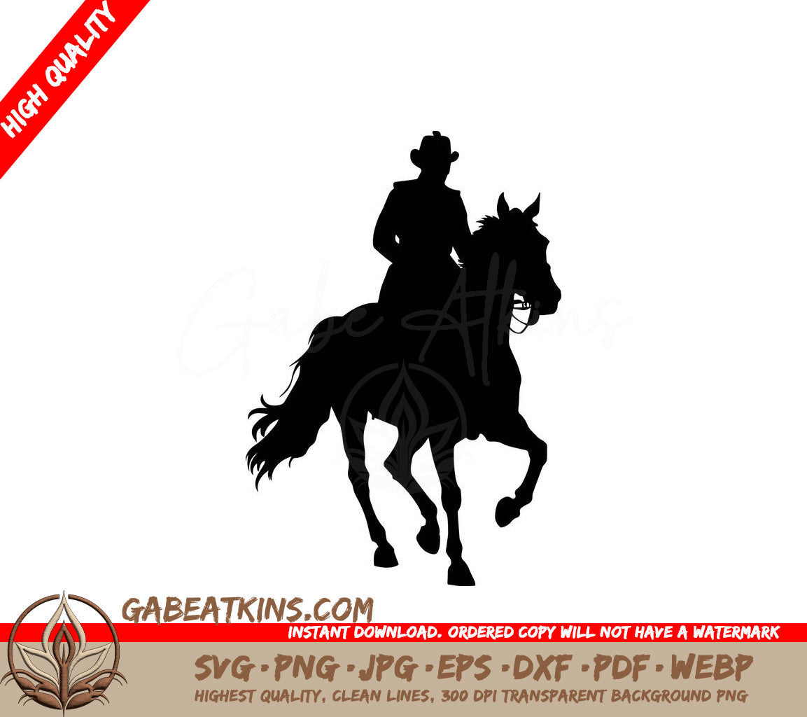 A Man In A Cowboy Hat Is Riding A Horse SVG - silhouette of a horseman on white SVG