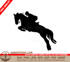 A Silhouette Of A Person Jumping On A Horse SVG - silhouette of horse rider in jumping action SVG