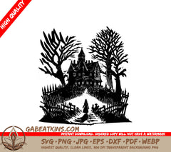 Vintage Horror Woman Walking Towards Haunted House SVG SVG