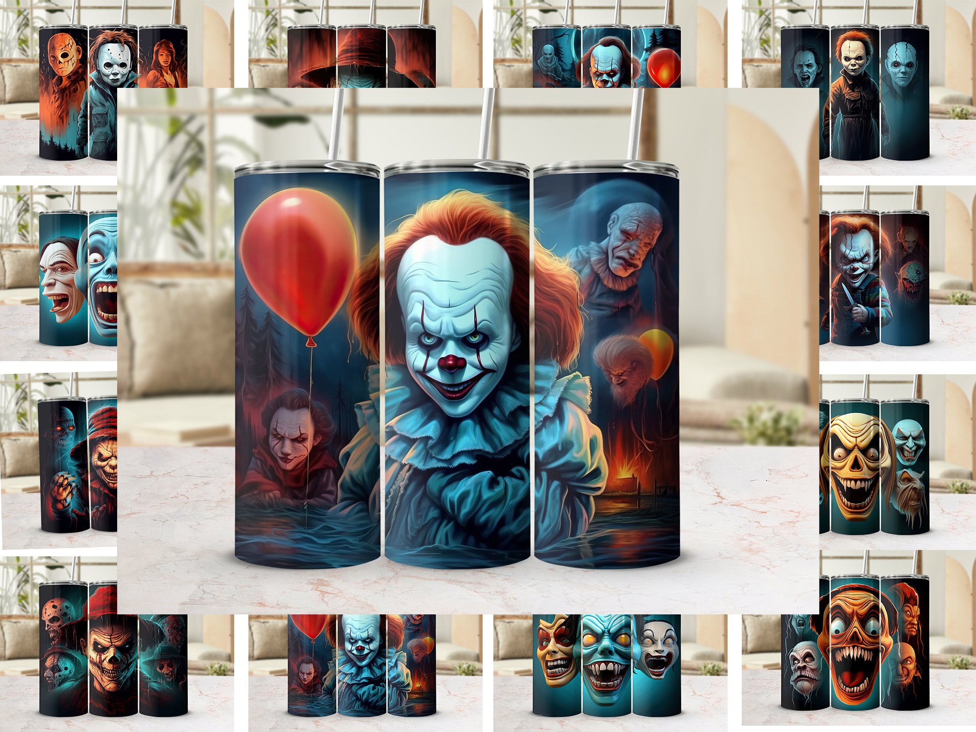 Iconic Horror Characters: Spine-Chilling 20oz Tumbler Wrap Sublimation PNG | Tumbler Wrap | 20oz tumbler wrap, Chucky Doll, classic literature, distinctive design, exclusive look, Freddy Kreuger, gripping comfort, high-quality print, horror movies, Iconic Horror Characters, Jason Tumbler Wrap, new arrival, nostalgia, Pennywise Tumbler Wrap, PNG file, Scream Mask, Spine-Chilling, straight format, sublimation design, tapered format, vibrant colors | Gabe Atkins Designs