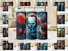 Iconic Horror Characters: Spine-Chilling 20oz Tumbler Wrap Sublimation PNG | Tumbler Wrap | 20oz tumbler wrap, Chucky Doll, classic literature, distinctive design, exclusive look, Freddy Kreuger, gripping comfort, high-quality print, horror movies, Iconic Horror Characters, Jason Tumbler Wrap, new arrival, nostalgia, Pennywise Tumbler Wrap, PNG file, Scream Mask, Spine-Chilling, straight format, sublimation design, tapered format, vibrant colors | Gabe Atkins Designs