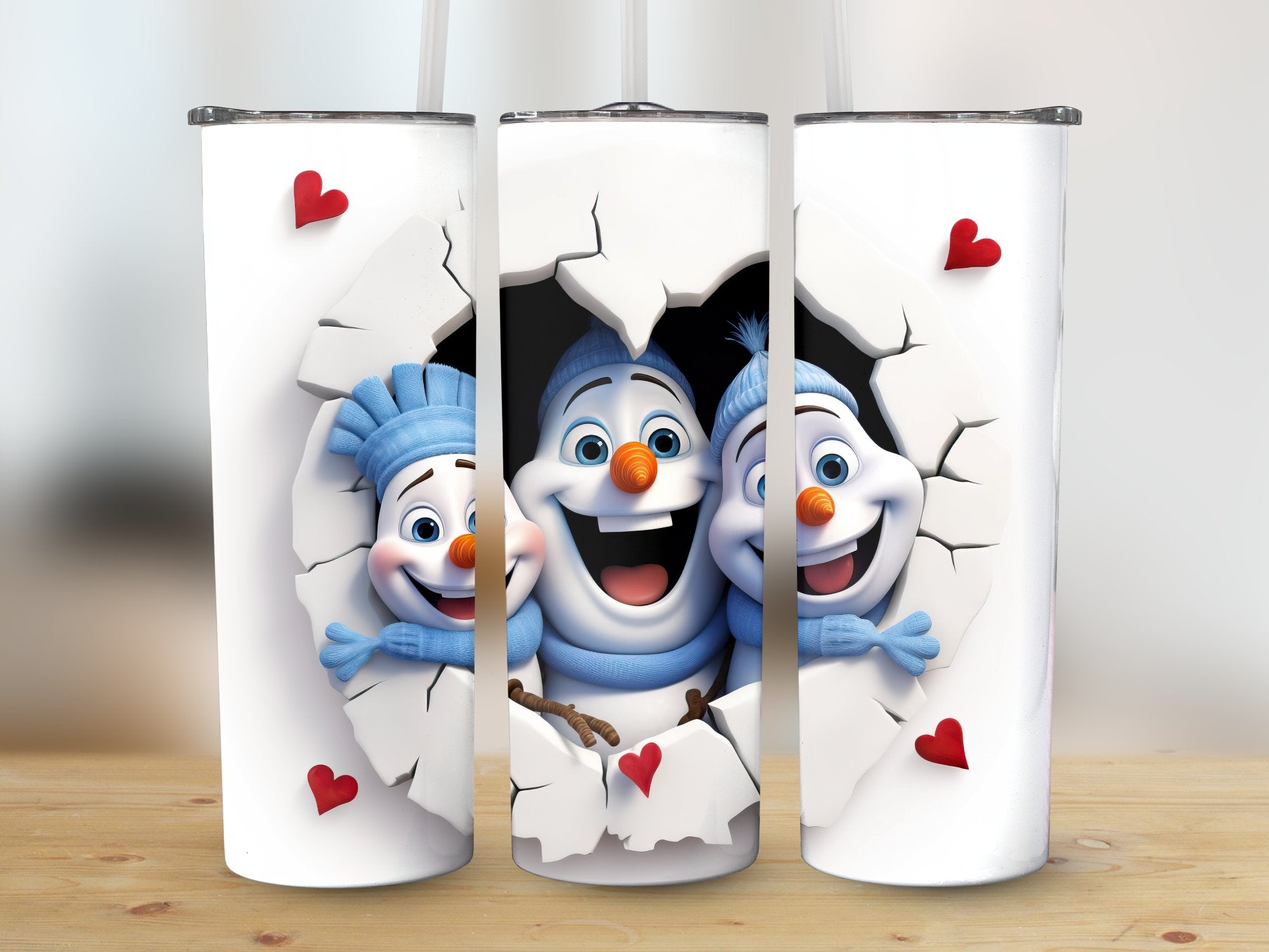 3 Snowmen Peeking Through Cracked Wall Tumbler Wrap |  20 oz Skinny Tu | 20 oz Skinny Tumbler Wrap