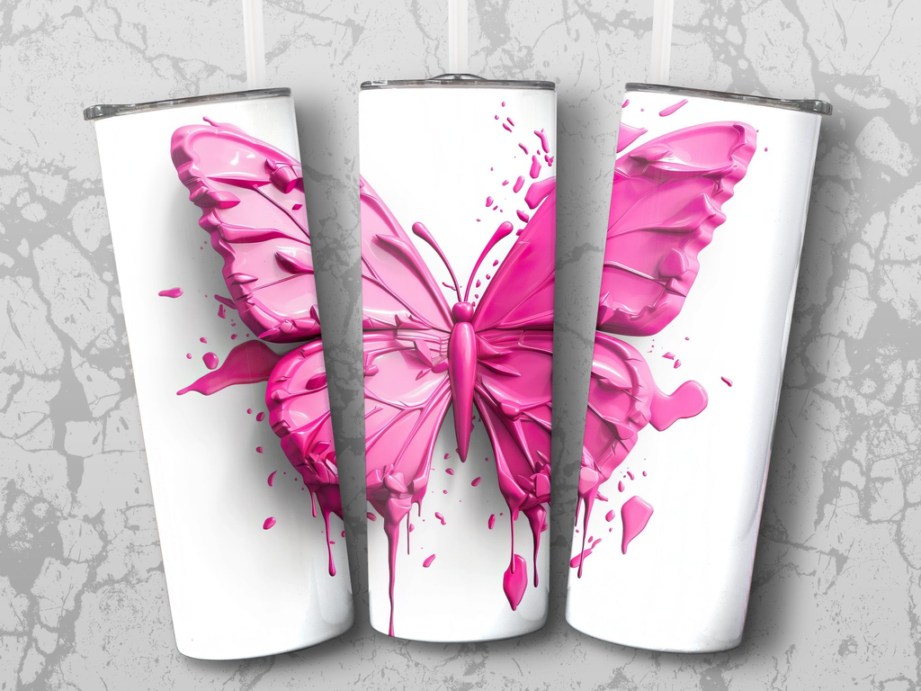 20 Oz Tumbler Wrap | 3D Watercolor Pink Butterfly | Seamless Design - Gabe Atkins Designs