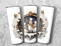 Gold Themed Three Snowmen Peeking Through Cracked Wall 20 oz Skinny Tumbler Wrap - Gabe Atkins Designs