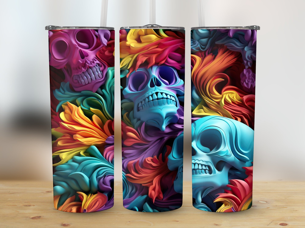 Colorful Skulls 20 oz Skinny Tumbler Wrap Sublimation Design, Straight | Colorful Skulls 20 oz Skinny Tumbler Wrap Sublimation Design, Straight