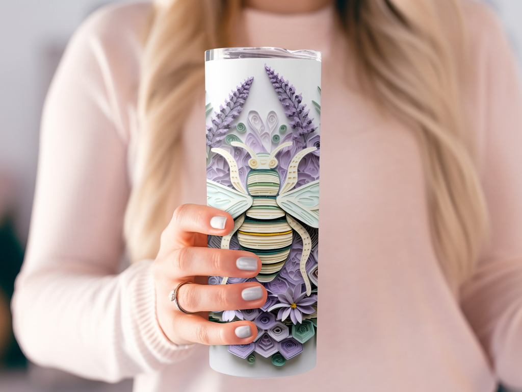 Intricate 3D Bee on a Purple Flower 20 oz Skinny Tumbler Wrap Sublimat | Purple Flower 20 oz Skinny Tumbler Wrap Sublimation Design, Seamless, Straight