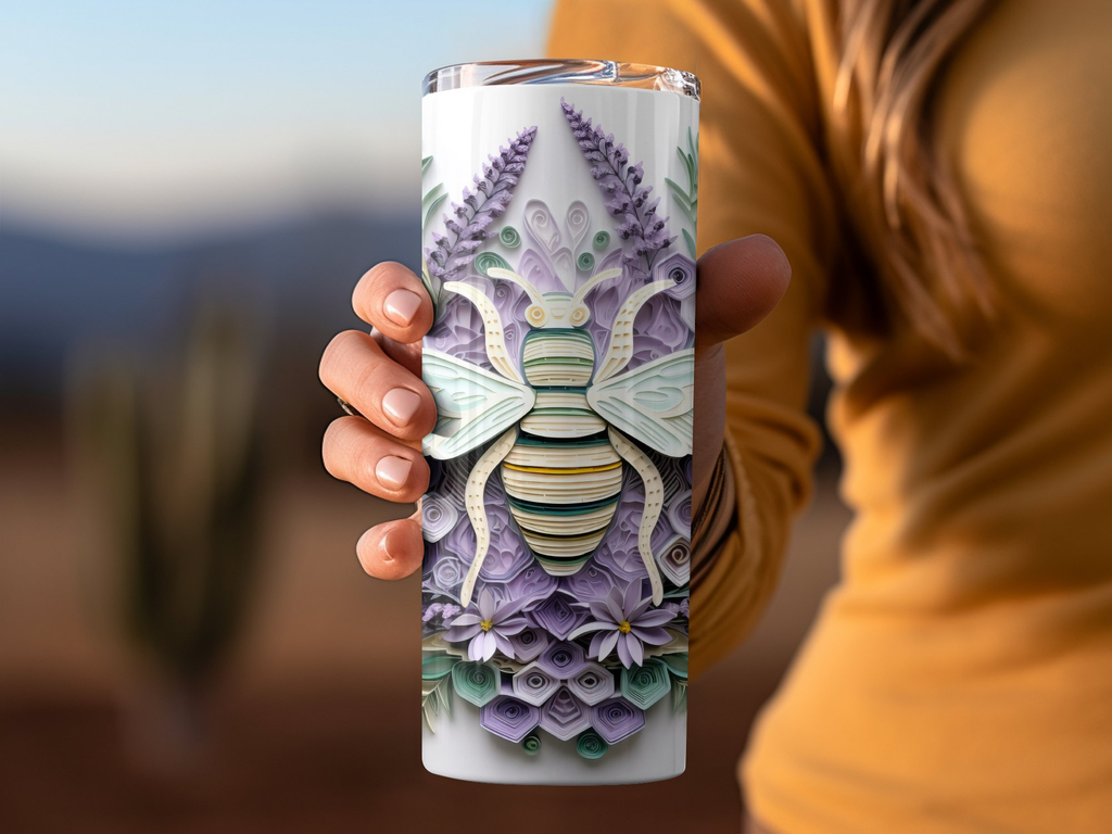 Intricate 3D Bee on a Purple Flower 20 oz Skinny Tumbler Wrap Sublimat | Purple Flower 20 oz Skinny Tumbler Wrap Sublimation Design, Seamless, Straight