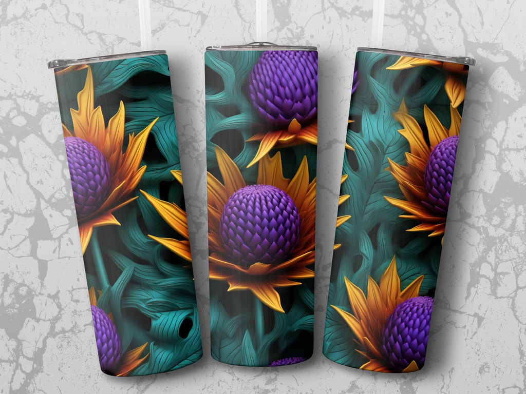 3d Thistle Flower 20 oz Skinny Tumbler Wrap Sublimation Design, Straig | 3d Thistle Flower 20 oz Skinny Tumbler Wrap Sublimation Design, Straight