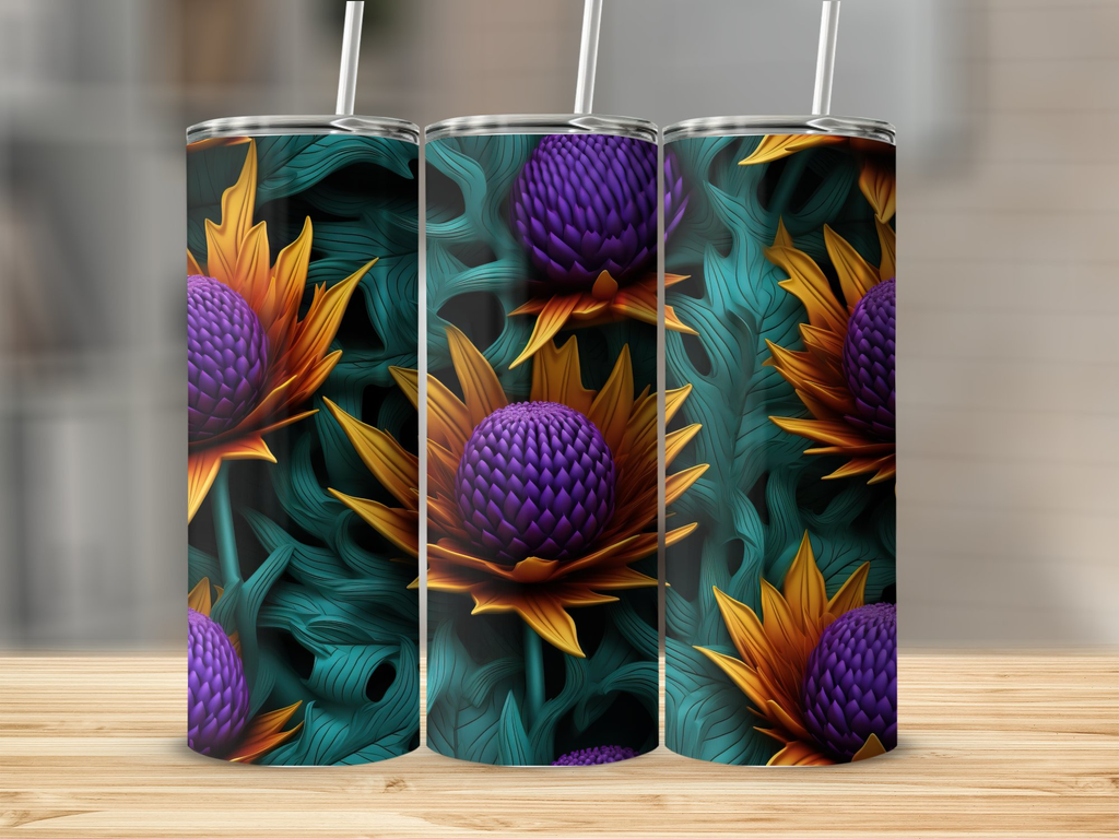 3d Thistle Flower 20 oz Skinny Tumbler Wrap Sublimation Design, Straig | 3d Thistle Flower 20 oz Skinny Tumbler Wrap Sublimation Design, Straight