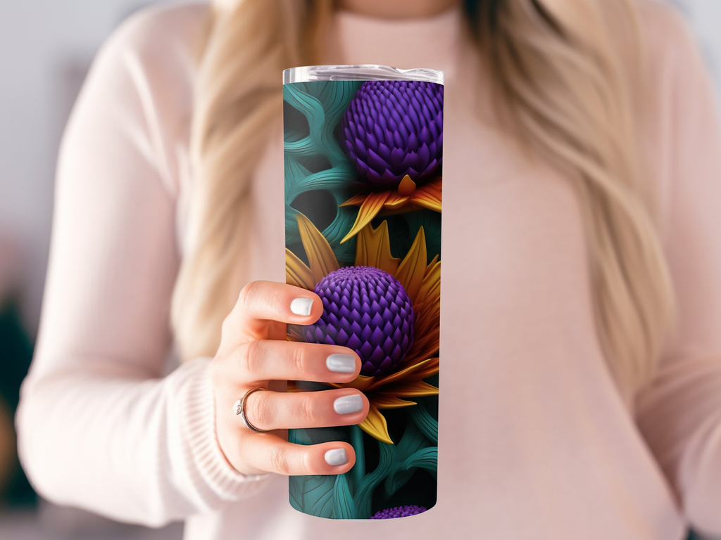 3d Thistle Flower 20 oz Skinny Tumbler Wrap Sublimation Design, Straig | 3d Thistle Flower 20 oz Skinny Tumbler Wrap Sublimation Design, Straight