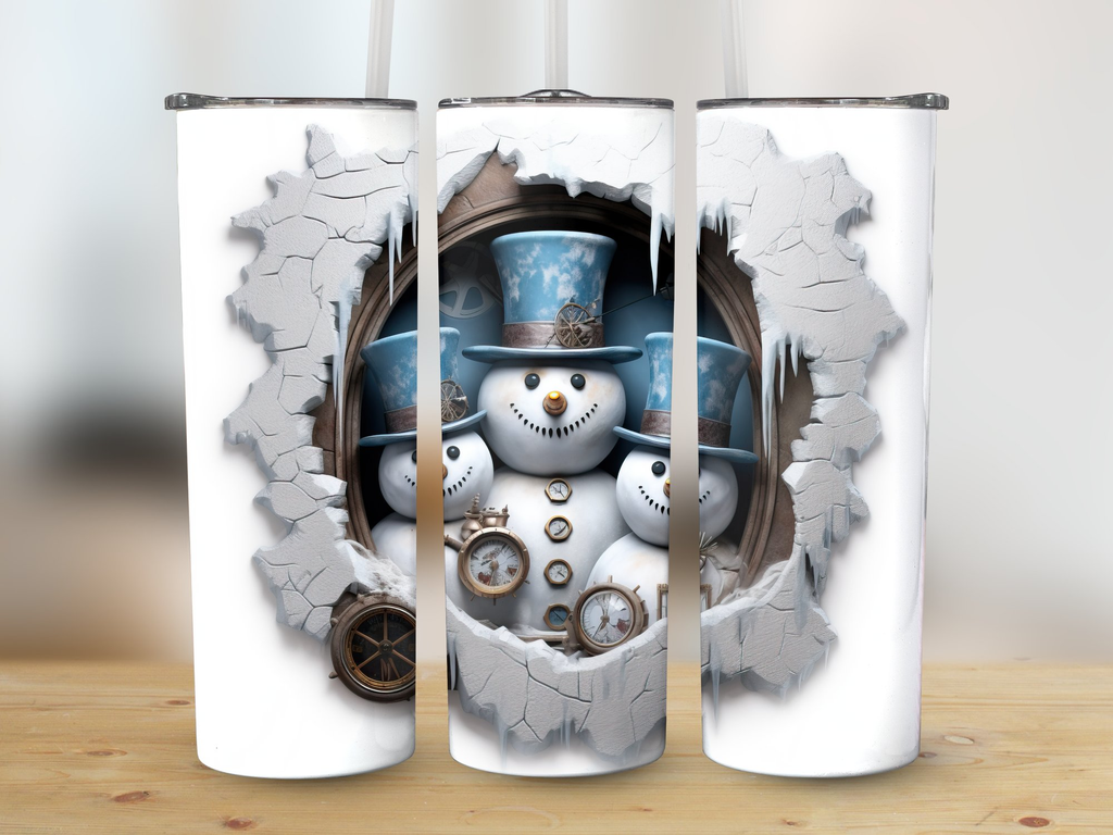 Three Snowmen Peeking Through Cracked Wall } 20oz Skinny Tumbler Wrap | Seamless Design | Tumbler Wrap | 20 oz tumbler, 3 snowmen, 3d snowmen, 3d tumbler wrap, gold themed, instagram, seamless tumbler wrap, skinny design, skinny tumbler, snowman, snowmen, snowmen tumbler wrap, sublimination design, tumbler design, tumbler png, tumbler template, tumbler wrap, tumbler wrap png | Gabe Atkins Designs