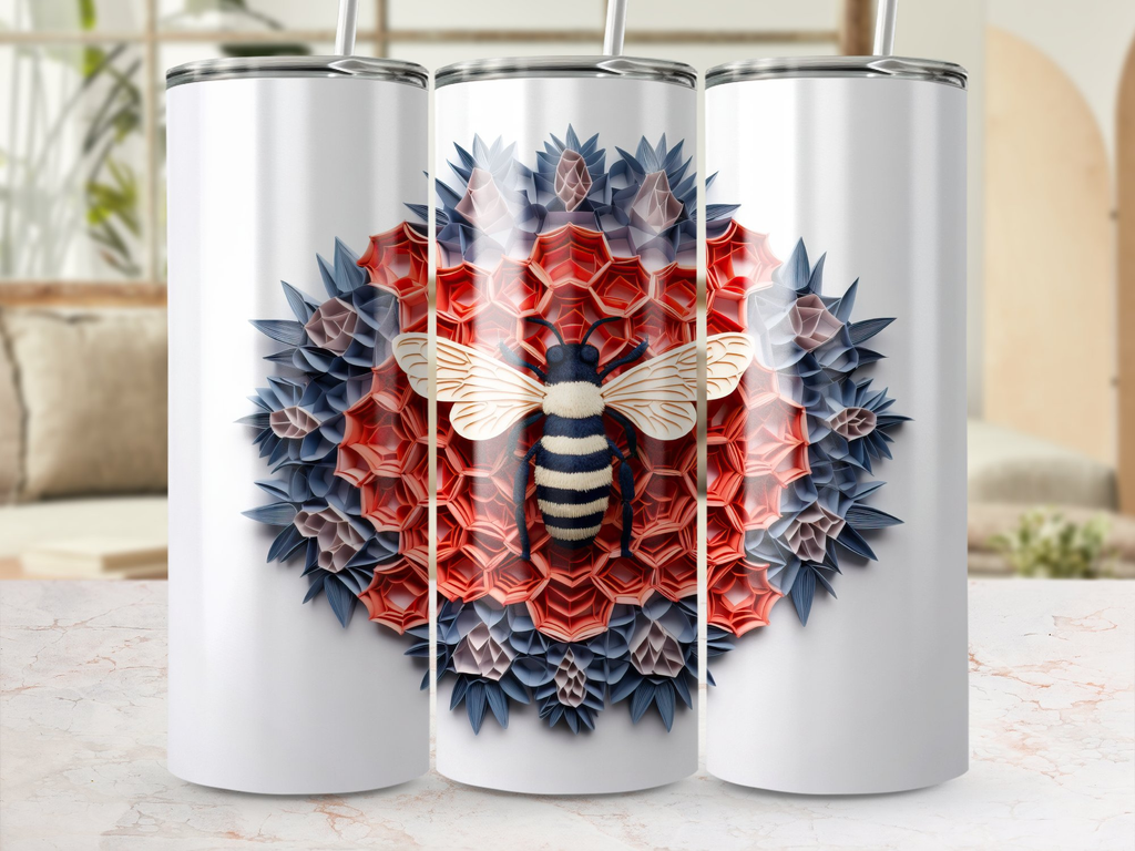 3d Intricate Bee in a Honeycomb 20 oz Skinny Tumbler Wrap Sublimation  | Honeycomb 20 oz Skinny Tumbler Wrap Sublimation Design, Seamless, Straight