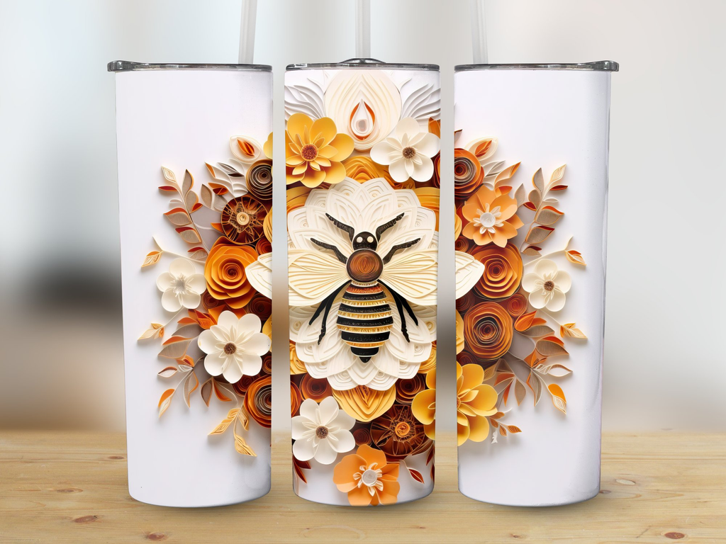 3d Intricate Bee On 3d Flowers 20 oz Skinny Tumbler Wrap Sublimation D | 3d Flowers 20 oz Skinny Tumbler Wrap Sublimation Design, Seamless, Straight