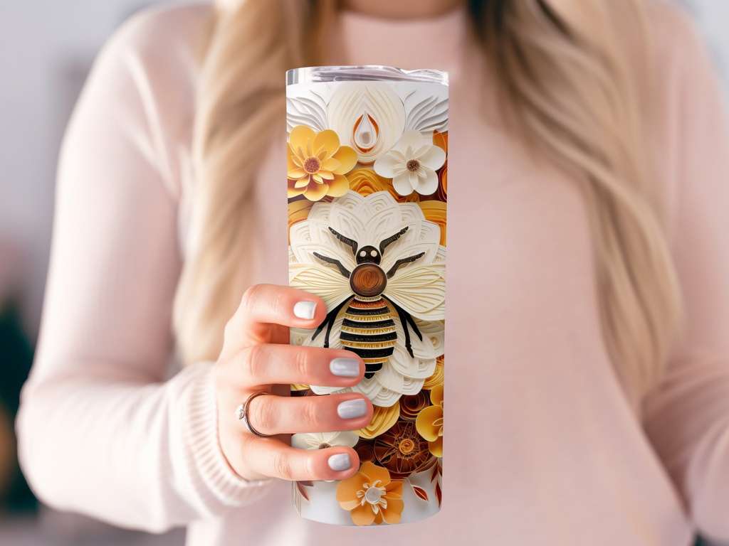 3d Intricate Bee On 3d Flowers 20 oz Skinny Tumbler Wrap Sublimation D | 3d Flowers 20 oz Skinny Tumbler Wrap Sublimation Design, Seamless, Straight
