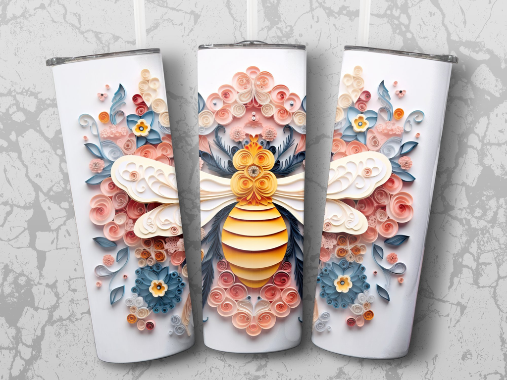 3d Intricate Bee on a Floral Design 20 oz Skinny Tumbler Wrap Sublimat | Floral Design 20 oz Skinny Tumbler Wrap Sublimation Design, Seamless, Straight