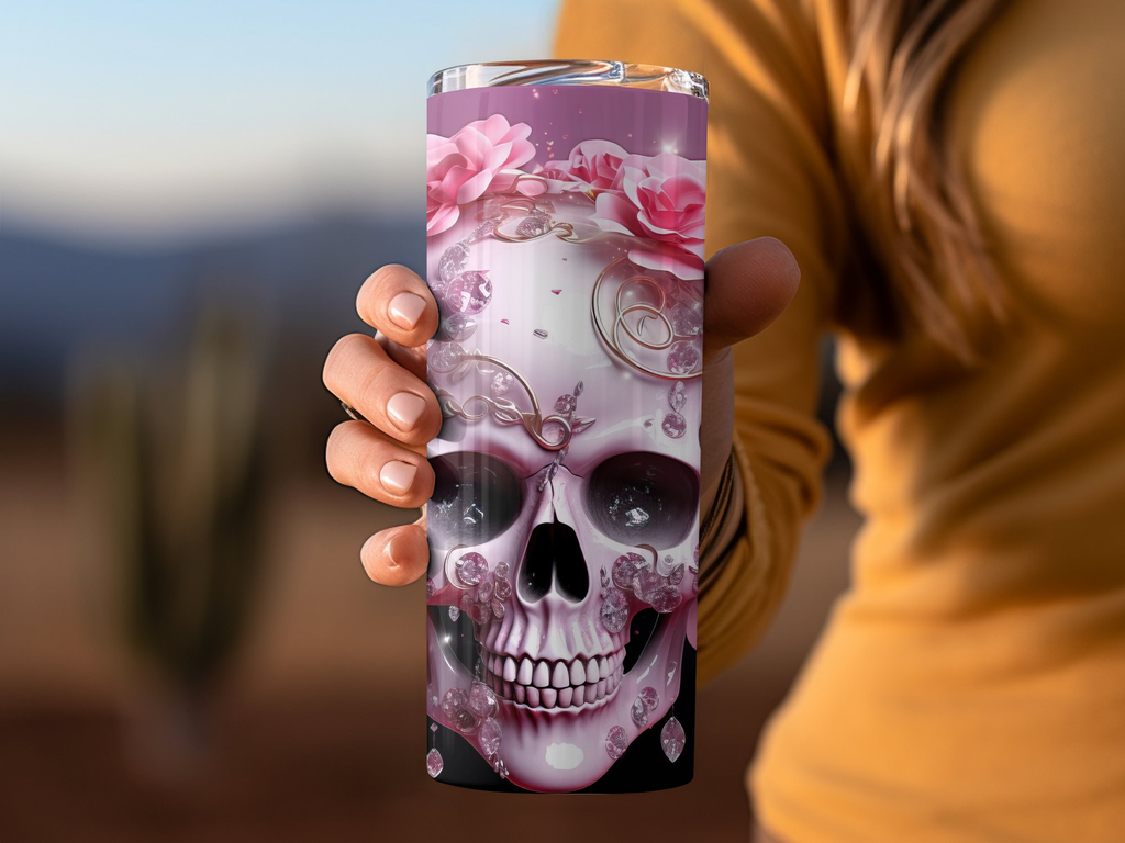 3d Skull With Pink Flowers 20 oz Skinny Tumbler Wrap Sublimation Desig | Pink Flowers 20 oz Skinny Tumbler Wrap Sublimation Design, Straight
