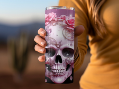 3d Skull With Pink Flowers 20 oz Skinny Tumbler Wrap Sublimation Desig | Pink Flowers 20 oz Skinny Tumbler Wrap Sublimation Design, Straight