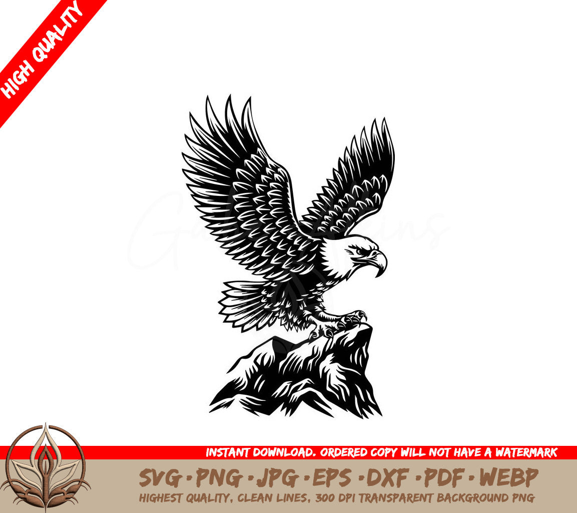 Bald Eagle Mascot Bird Landing on Rock Illustration - Vintage Woodcut SVG 